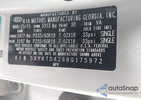 2011 Kia Sorento Lx V6 из США, поврежденный, VIN 5XYKTDA26BG175972